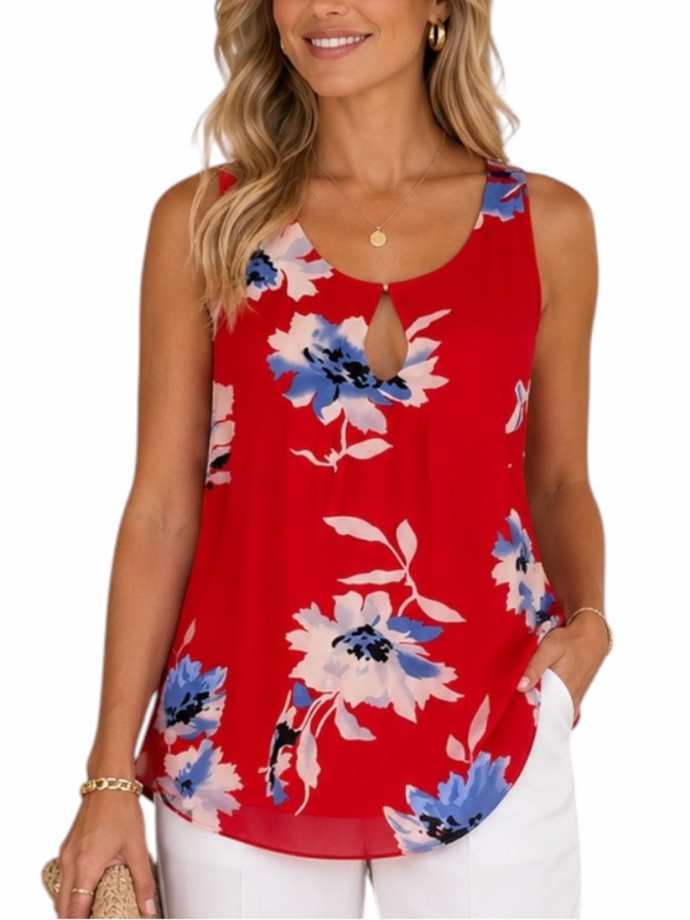 Jasmine & Juliana Sleeveless Blouse Women’s L Keyhole Neck Red Blue Floral Top